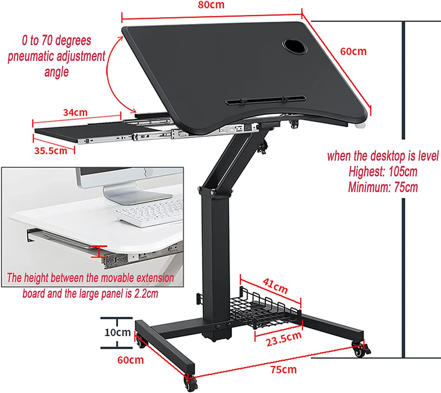 Height Adjustable Rolling Laptop Stand Up Desk Overbed Table with Wheels Adjustable Height