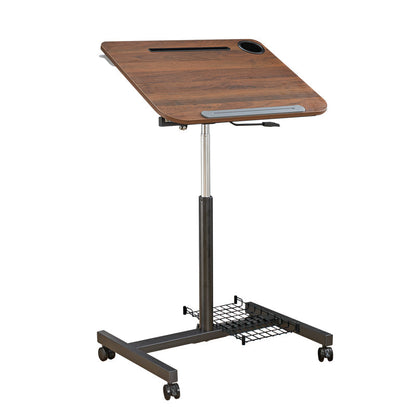 Mobile Standing Desk Height Adjustable and Tilt Laptop Stand Lectern, Workstation with Wheels, Pneumatic Adjustable Podium with Tilt Laptop Table American black walnut+Computer Tower Stand