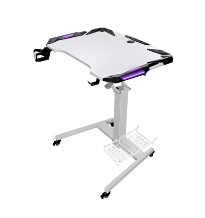 Mobile Standing Game Desk Height Adjustable Pneumatic Adjustable, Workstation, Study Desk White with Light+Computer Tower Stand
