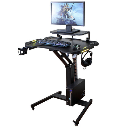 Mobile Standing Game Desk Height Adjustable Pneumatic Adjustable, Workstation, Study Desk Black with Light+Monitor Stand Riser