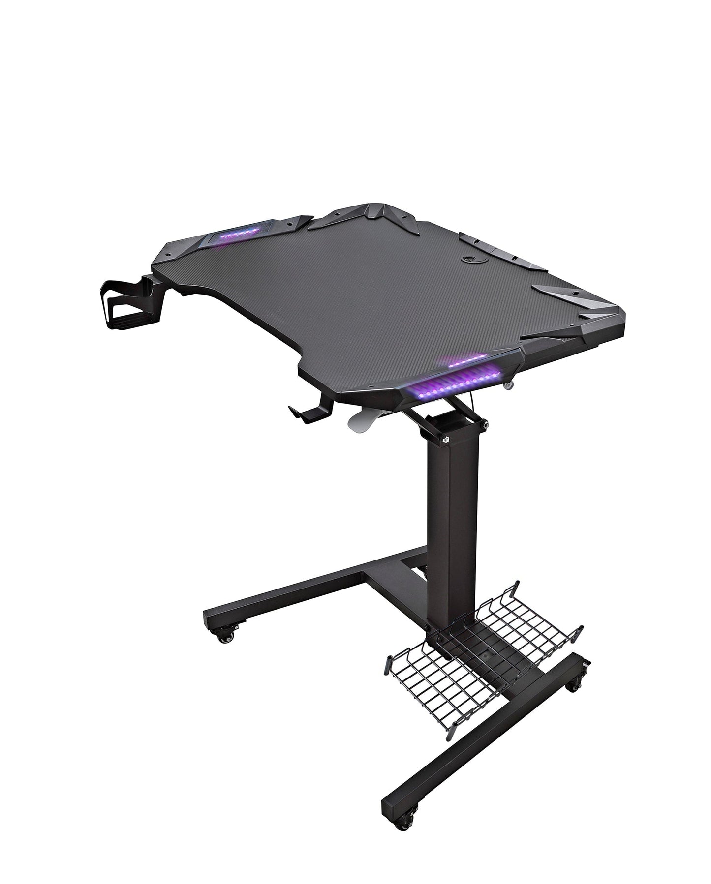 Mobile Standing Game Desk Height Adjustable Pneumatic Adjustable, Workstation, Study Desk Black with Light+Computer Tower Stand