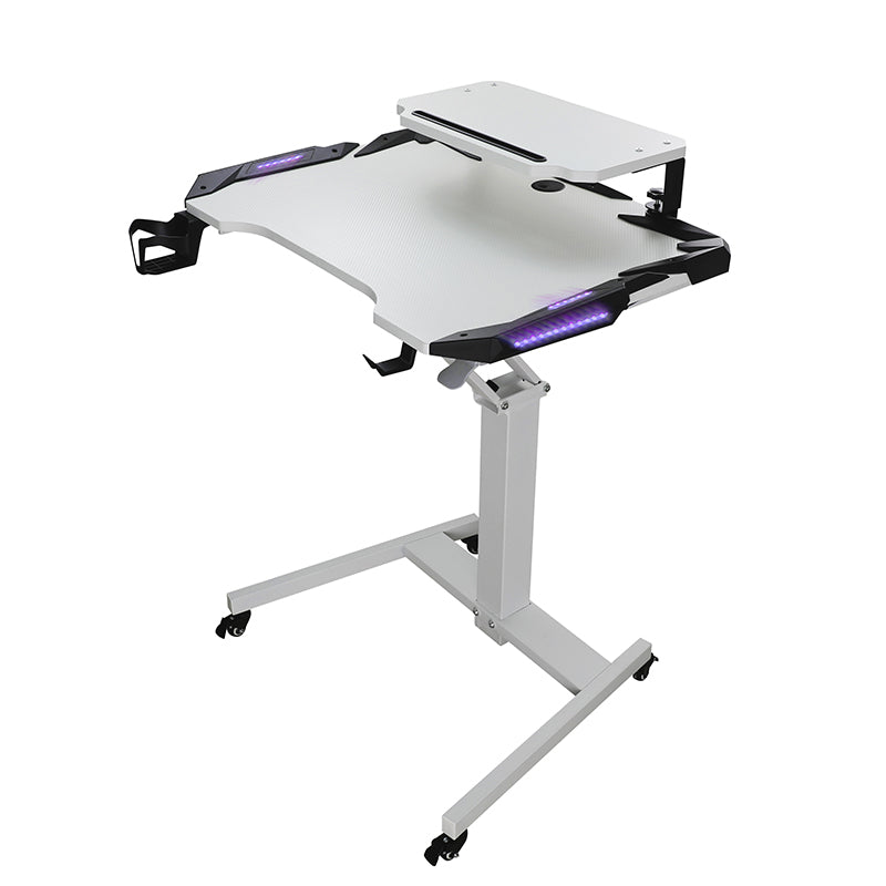 Mobile Standing Game Desk Height Adjustable Pneumatic Adjustable, Workstation, Study Desk White with Light+Monitor Stand Riser